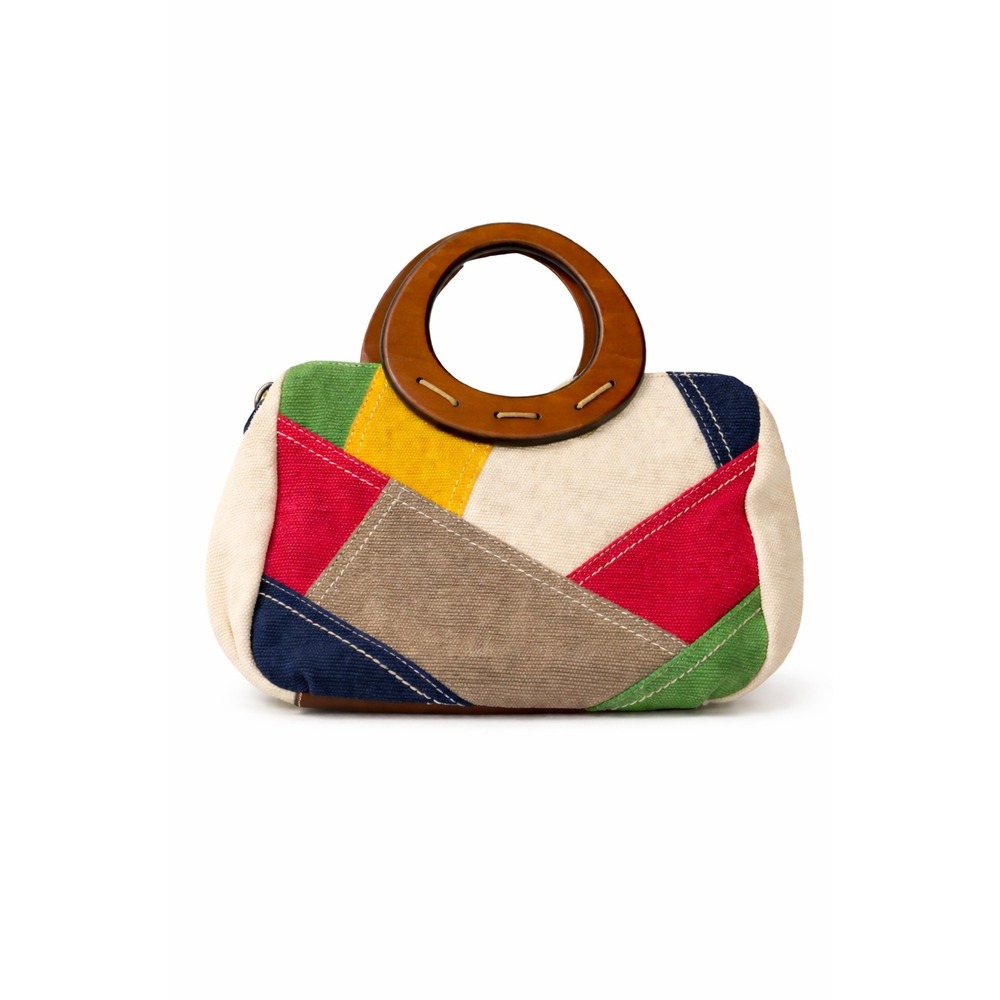 Relic Canvas Patchwork Handbag Multicolor Wooden Round Handles Boho Tote Bag